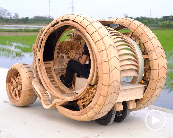functional wooden car resembling time machine comes to life after it was designed with AI