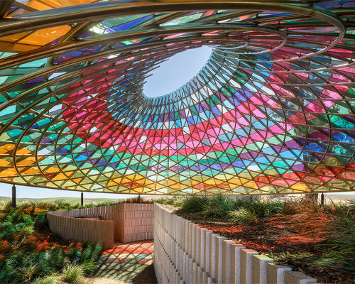 vanceva’s PVB interlayers tint vertical panorama pavilion’s glass canopy with 24 hues