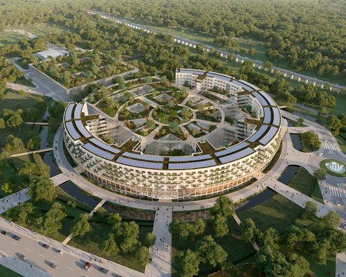 vincent callebaut's compact-layer hybrid hospital plans circular 'power' logo layout in belgium