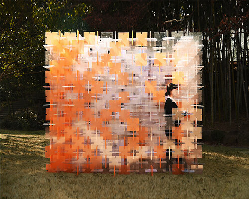 over 3,500 recyclable polycarbonate panels assemble paired cubes pavilion in korea