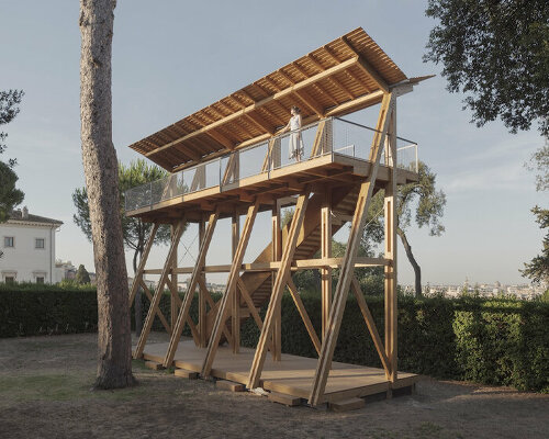 manuel bouzas' timber observatory culminates in V-shaped canopy at villa medici