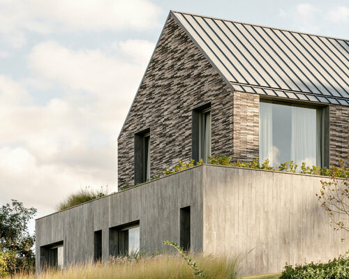 gable roof openings illuminate internal gardens within rustic barn house in brazil