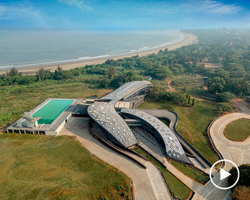 grid shell with trapezoidal paneling tops MOFA studio's wave-like water sports center in goa