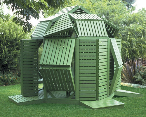 thirty slatted hinged panels construct adjustable garden pavilion by michael jantzen