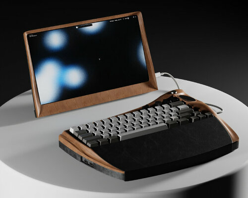 walnut, cherry or maple wood houses the screen and keyboard of mythic’s ‘apollo’ computers