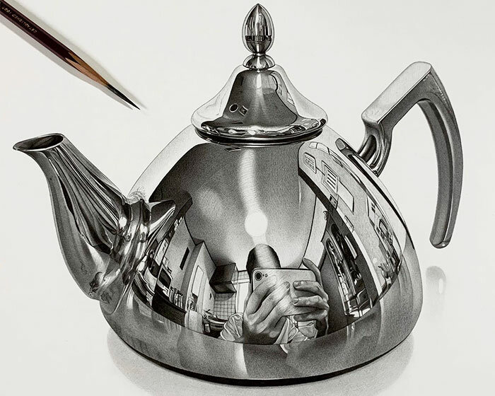 japanese artist creates intricate hyper-realistic pencil drawings of everyday metallic objects