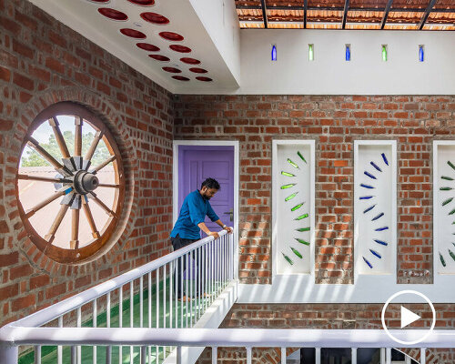 terracotta roof tops onebulb architecture's red fort brick house in tamil nadu, india