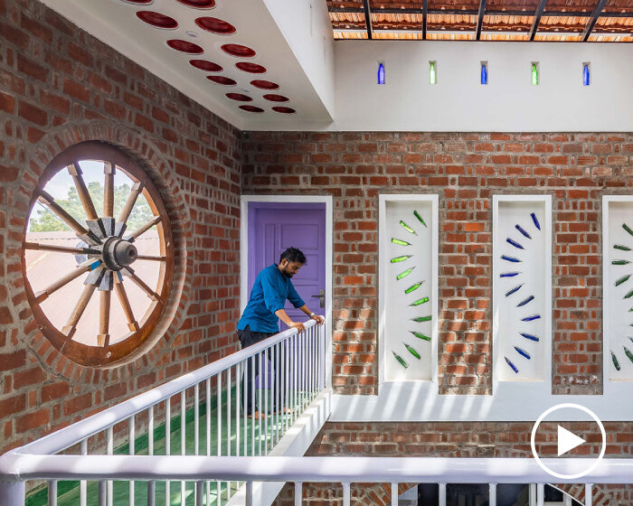 terracotta roof tops onebulb architecture's red fort brick house in tamil nadu, india