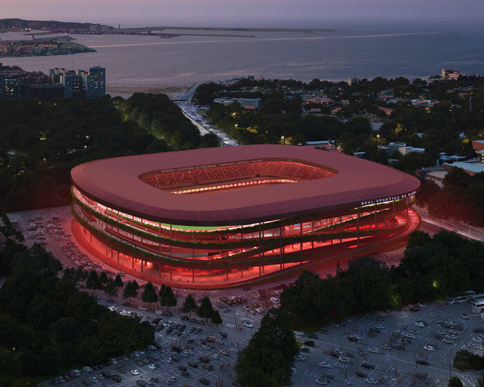 red open-air ramps weave around sordo madaleno's FIFA 2030 stadium in gijón, spain