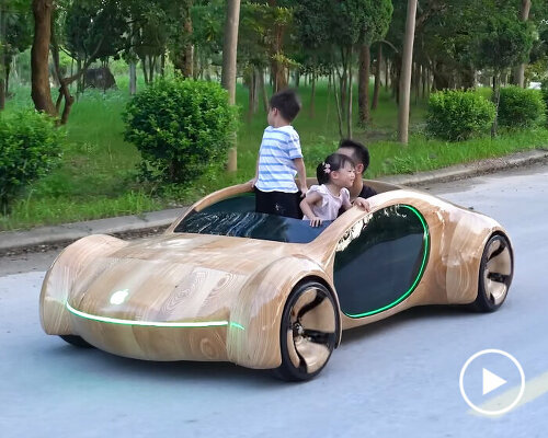 real-life apple concept car drives around as handmade wooden vehicle built from scratch