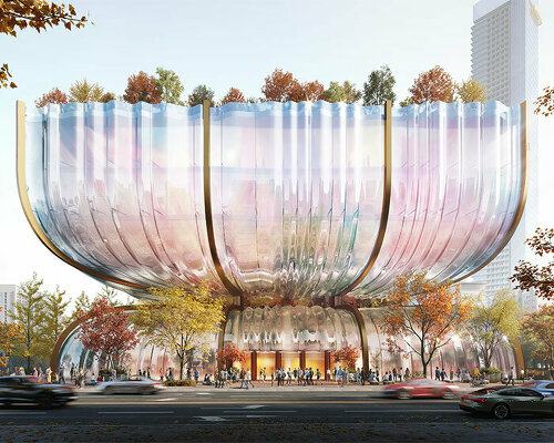 heatherwick studio unveils rippled hourglass design for seoul's hanwha galleria