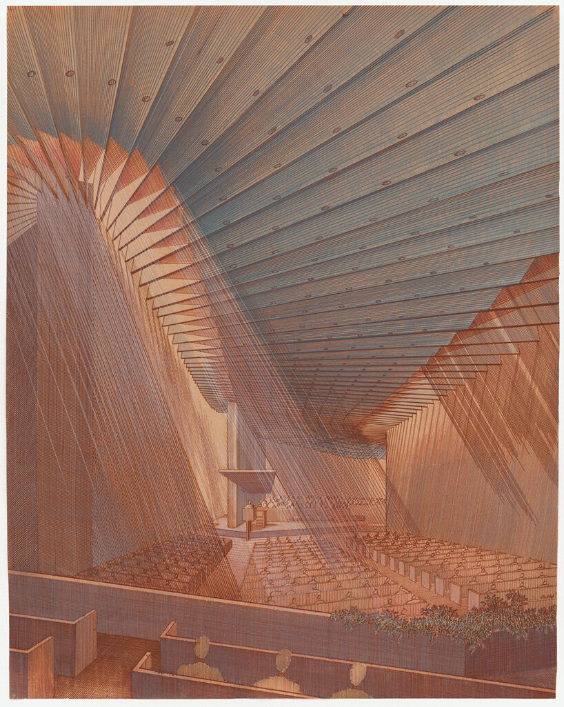 Paul Rudolph (American, 1918-1997), Interior perspective of Tuskegee Institute Chapel (now Tuskeegee University), Tuskeegee Alabama, ca. 1960, Colored pencil over sepia print, 37 3/8 x 29 3/8 in. (95 x 74.6 cm), Prints and Photographs Division, Library of Congress