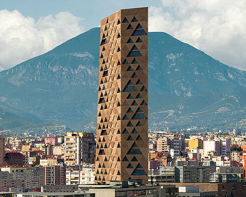 oppenheim architecture reimagines embroidery motifs as textured concrete tower in tirana