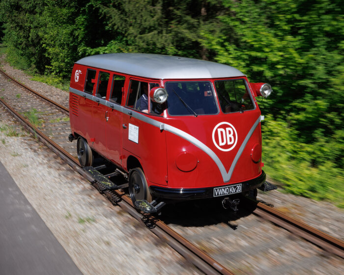 choo-choo! volkswagen uncovers converted 1955 bulli bus that runs on rails like train