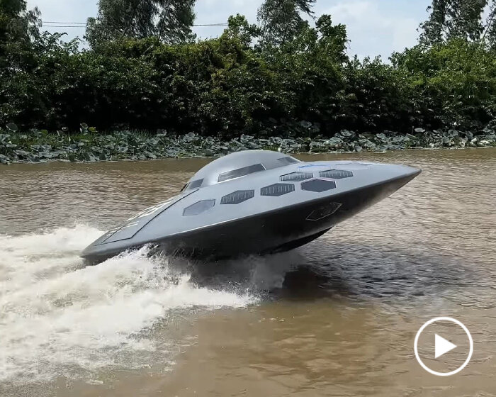 functional UFO jet boat zooms through water as a motorized flying saucer for lakes or rivers