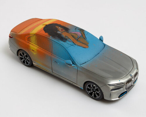 miniature BMW i7 drifts in frieze seoul as art cars inspired by video games, bats and insects