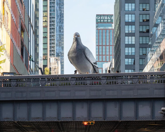 iván argote’s hyperrealistic aluminum pigeon ‘dinosaur’ lands above the high line in new york