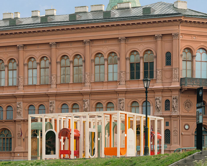 colorful arches, hammocks and mirrors shape up modular installation in riga's dome square