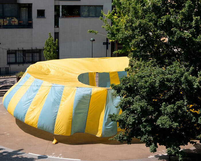 reused hot-air balloon fabric shapes textile installation by marion aeby at dutch design week