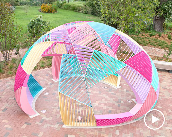 colorful dome-like pavilion by hou de sousa in arkansas resembles a quilt buoyed into the air