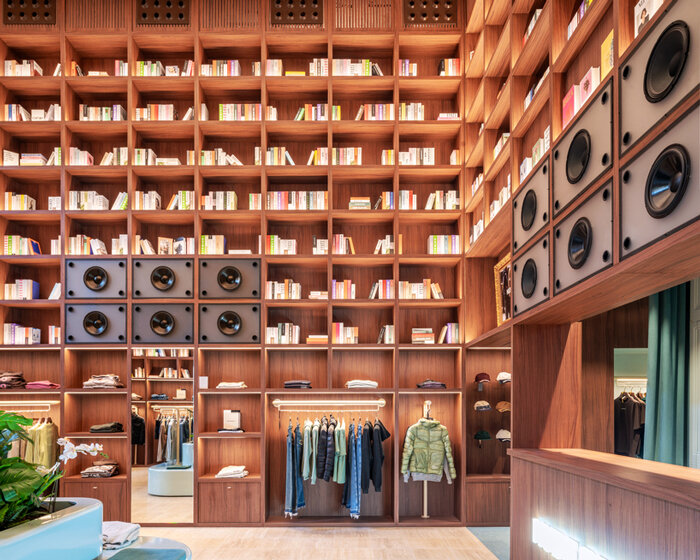 el departamento installs massive wooden bookshelf for nude project's new store in barcelona