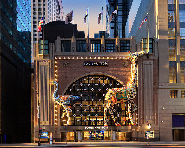 OMA-designed sculptures tower within temporary louis vuitton store on NY's 57th street