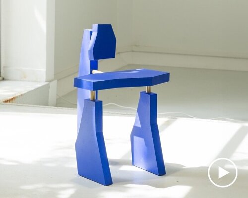 with jagged volumes painted cobalt blue, vincent decat's furniture reimagines ruins of delphi