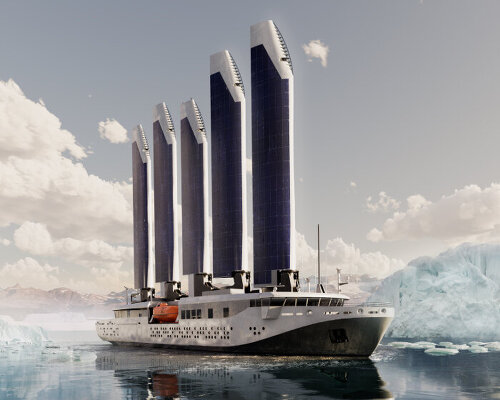 selar cruise ship wraps retractable sails in solar panels to harness energy from wind and sun