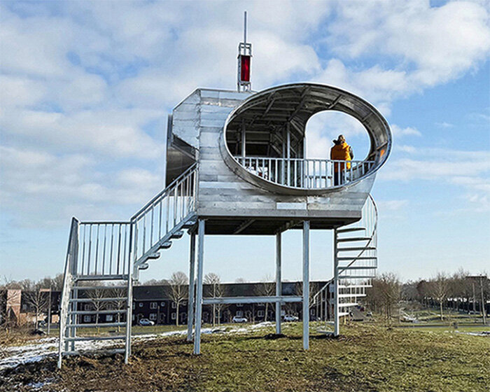 solar-powered viewing platform by rob voerman takes on spaceship form in the netherlands