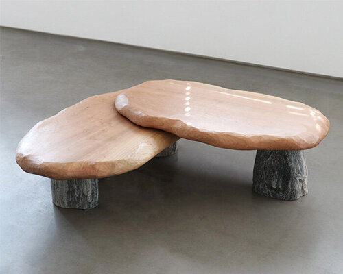 wood and stone shape mushroom-like tables in batten and kamp x henry d'ath collaboration