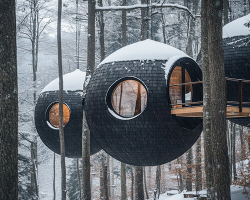 antony gibbon envisions 'burl treehouse' concept with shingled spheres floating in the trees