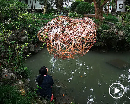 bamboo-weaved cloud installation floats above three traditional chinese gardens