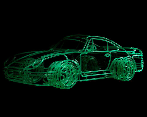 benedict radcliffe and INK reshape porsche 959 car into glowing steel tube sculptures