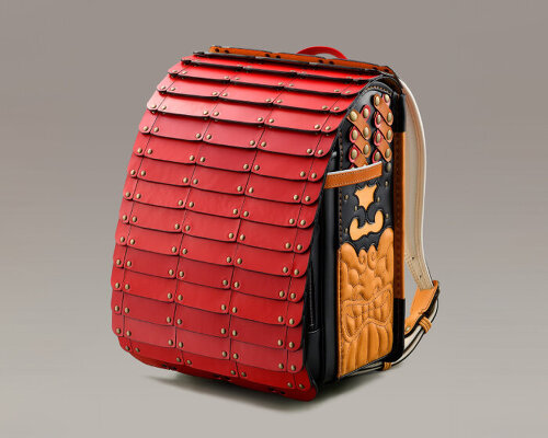 japanese randoseru backpack recreates samurai armor with recycled scraps from school bags