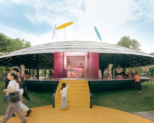 MAD architects honors childhood with flying saucer-like installation at chinese art festival