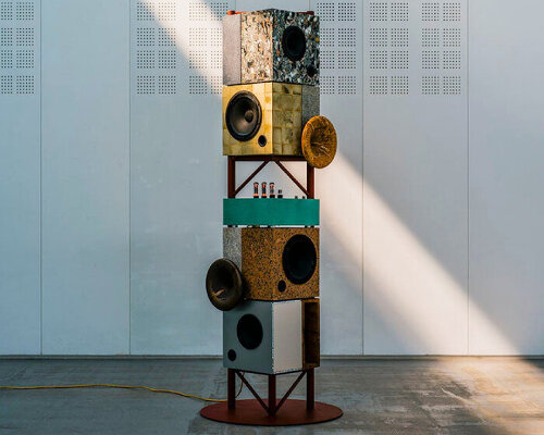 material record creates noon speaker using fuel tanks, denim scraps and construction waste