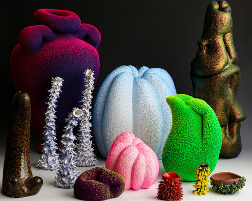 maxwell mustardo's fluorescent, fuzzy vases reimagine ancient roman amphorae in PVC