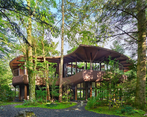 piloti structure suspends villa by and to architects above japan's forest landscape