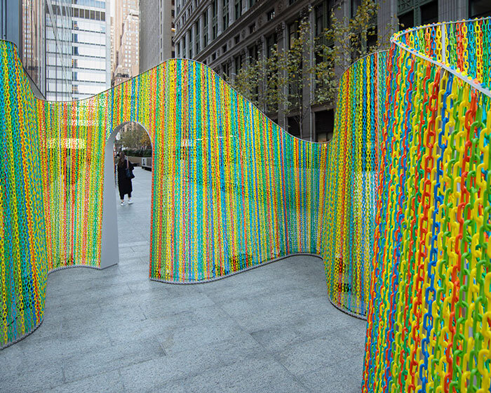 fluorescent wish ribbons coat hou de sousa's interactive pavilion in new york