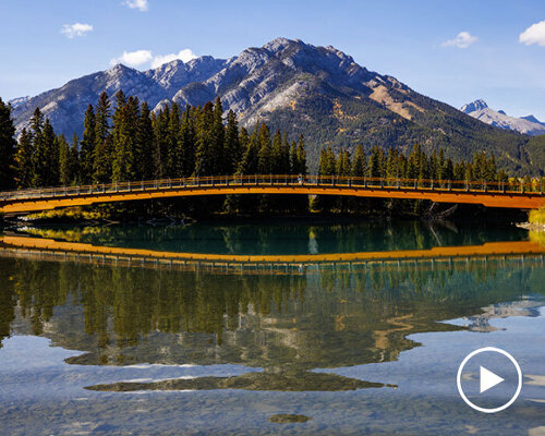 nancy pauw pedestrian bridge's timber arch spans over bow river in canada