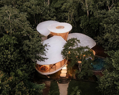 bamboo dome unites petal-shaped roofs of sustainable villa by NOD studio in mexico