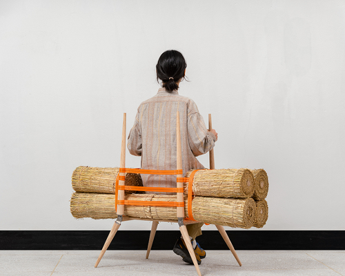 rice straw bundles atop wooden A-frame craft jige-inspired chair by sukchulmok 