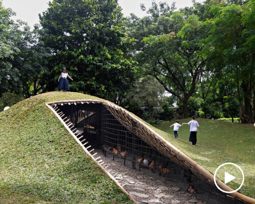 woven bamboo encloses urban chicken coop pavilion in jakarta park by RAD+ar