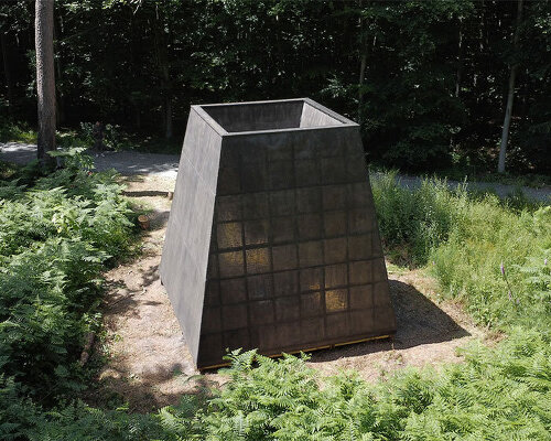 linen-covered pinewood frame forms pyramidal water shelter by p + s in rouen's forest