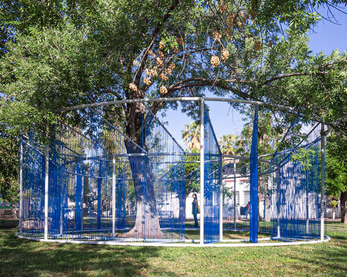 recycled PVC cords interweave around plup pavilion's circular frame in the chihuahua desert